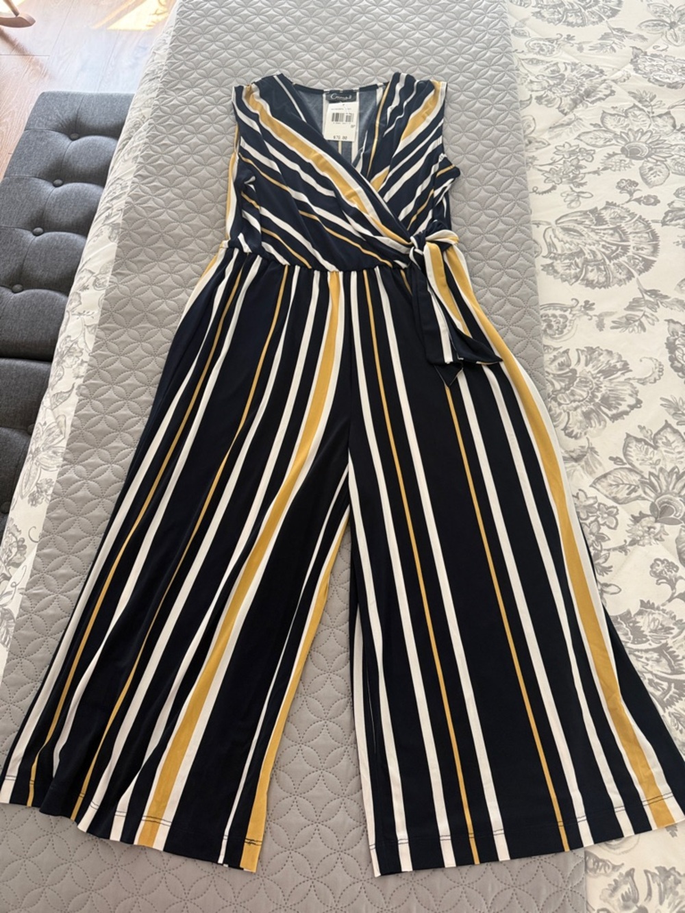 connected apparel Navy, White & Mustard Striped Wrap Jumpsuit with Tie Waist